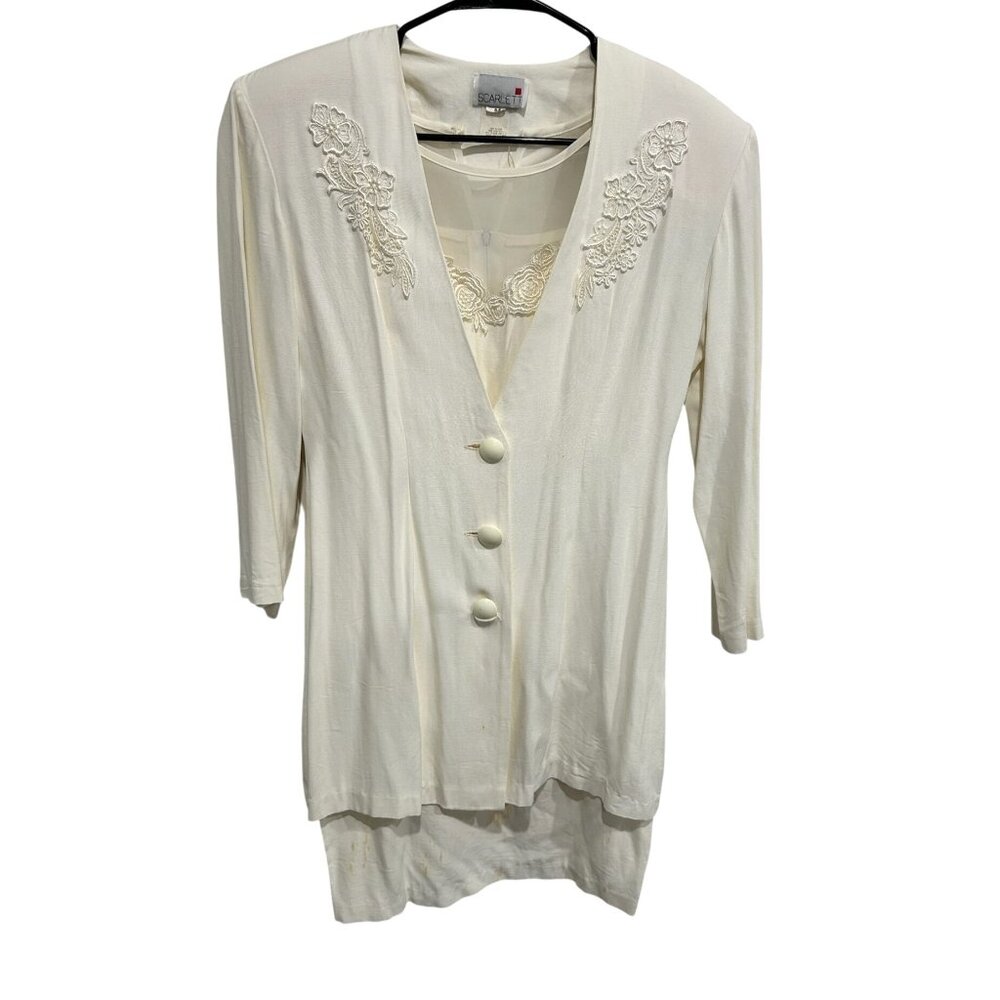 Vintage Scarlett Womens Cream Embroidered Jacket Dress Set Sz Small